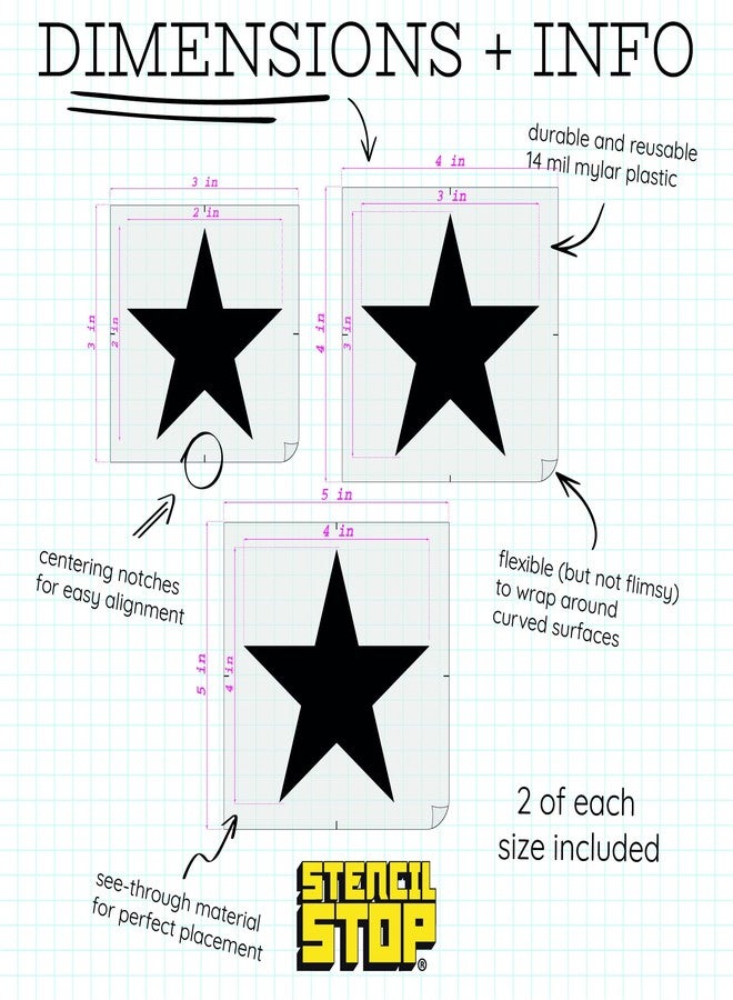 Stencil Stop Star Stencil Set - 6 Pack, Two of Each in 2, 3, and 4 Inches - Reusable Stencils for Painting on Wood, Walls, Fabric, Canvas, and DIY Crafts - Durable Plastic for Art and Home Decor - Image 2