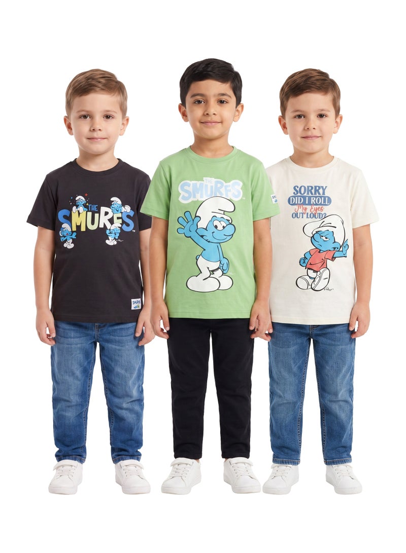 The Smurfs Boys’ Graphic T-Shirt Pack of 3 – Short-Sleeve Crew-Neck Cartoon Character Casual Top - Image 1