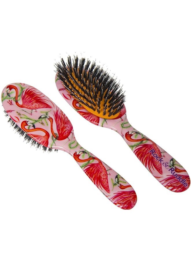 Rock & Ruddle Natural Mixed Boar Bristle Hair Brush for Women and Kids (Small/Travel Size, 17.5cm) - Perfect for Wet or Dry Hair, Detangling Smoothing Blowdrying - Made in UK - Flamingos Design - Image 1