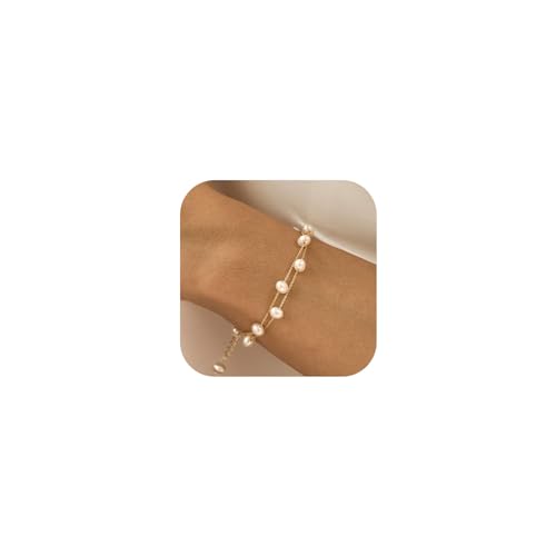 BERISO Gold Pearl Bracelets for Women,14K Gold Plated Bracelets Dainty Pearls Beaded Chain Heart Pearl Bracelets Jewelry - Image 1