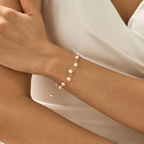 BERISO Gold Pearl Bracelets for Women,14K Gold Plated Bracelets Dainty Pearls Beaded Chain Heart Pearl Bracelets Jewelry - Image 3