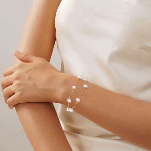 BERISO Gold Pearl Bracelets for Women,14K Gold Plated Bracelets Dainty Pearls Beaded Chain Heart Pearl Bracelets Jewelry - Image 5