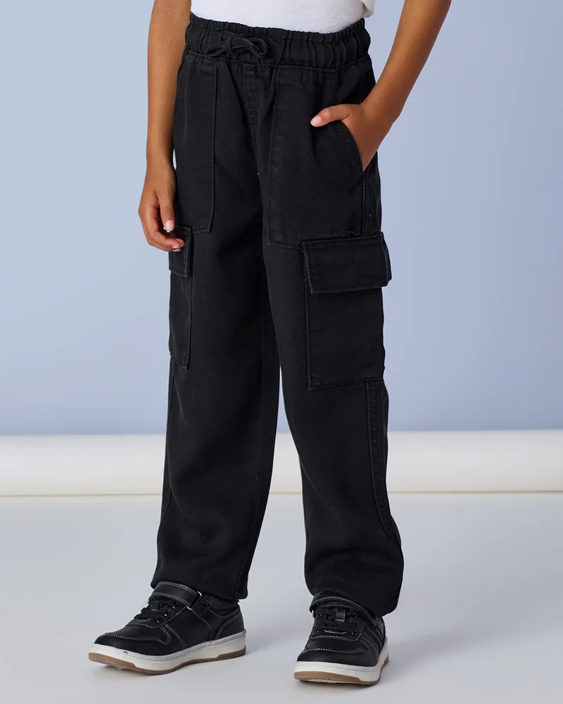 Redtag Boys Black Twill Soft Cargo Pants