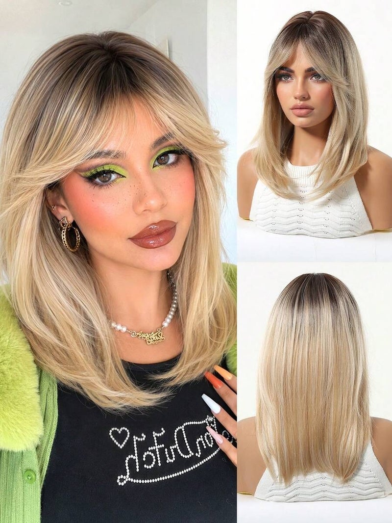 16 Inch Brown Root Honey Blonde Ombre Medium Long Straight Synthetic Wig for Women, Lightweight Soft Fiber, Face-Framing Curtain Bangs, Adjustable Cap, Daily Wear &  Cosplay