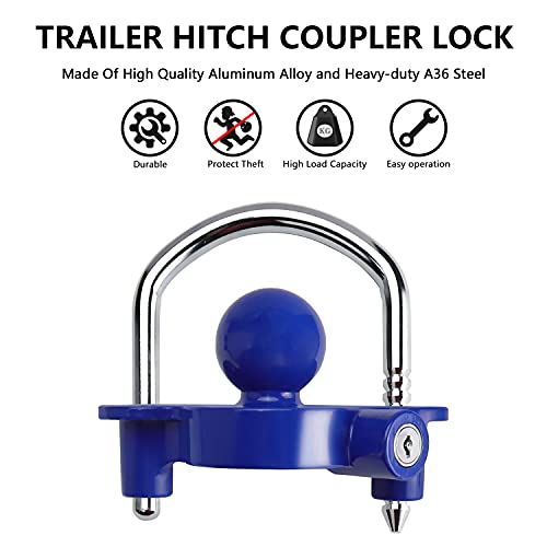 Funmit Trailer Lock Universal Coupler Ball Lock Fits 1-7/8", 2", and 2-5/16" Couplers, Boat Camper Accessories for Travel Trailers Adjustable Heavy-Duty Steel Hitch Lock Blue - Image 3