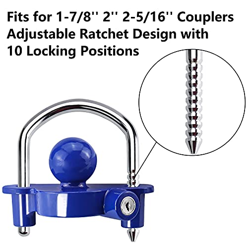 Funmit Trailer Lock Universal Coupler Ball Lock Fits 1-7/8", 2", and 2-5/16" Couplers, Boat Camper Accessories for Travel Trailers Adjustable Heavy-Duty Steel Hitch Lock Blue - Image 4