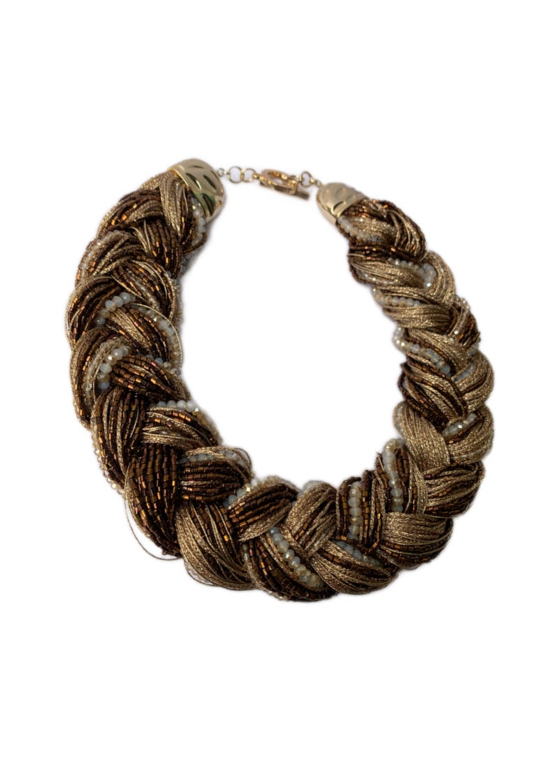 Royalace Women's Golden/Brown Shiny Beaded Braided Necklace - Image 1