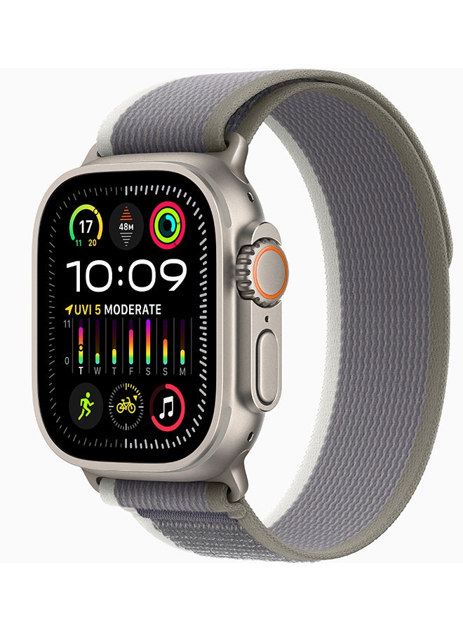 ابل  ساعة Ultra 2 GPS + Cellular، هيكل من التيتانيوم مقاس 49 مم مع مقاس S/M (الحزام يناسب معصم مقاس 130-180 مم) حلقة تريل باللون الأخضر/الرمادي - Image 1