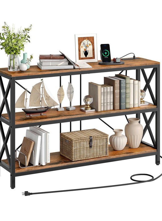 CHOEZON Console Table with Charging Station, 3-Tier Entryway Table, Industrial Sofa Desk, Hallway Desk with 2 AC Outlets and 2 USB Ports Metal Frame, Rustic Brown and Black TXG01UBF - Image 1