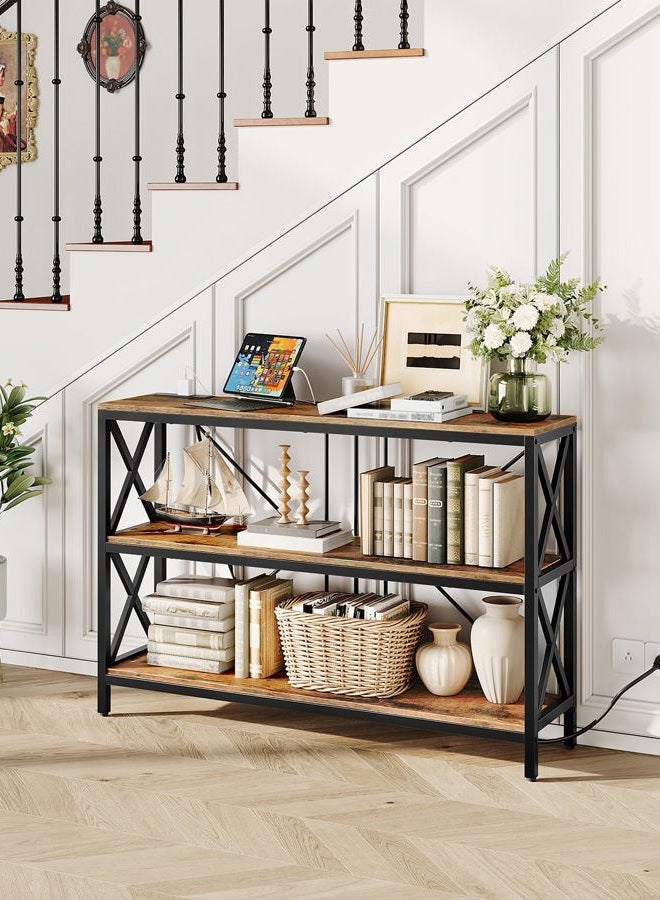 CHOEZON Console Table with Charging Station, 3-Tier Entryway Table, Industrial Sofa Desk, Hallway Desk with 2 AC Outlets and 2 USB Ports Metal Frame, Rustic Brown and Black TXG01UBF - Image 2