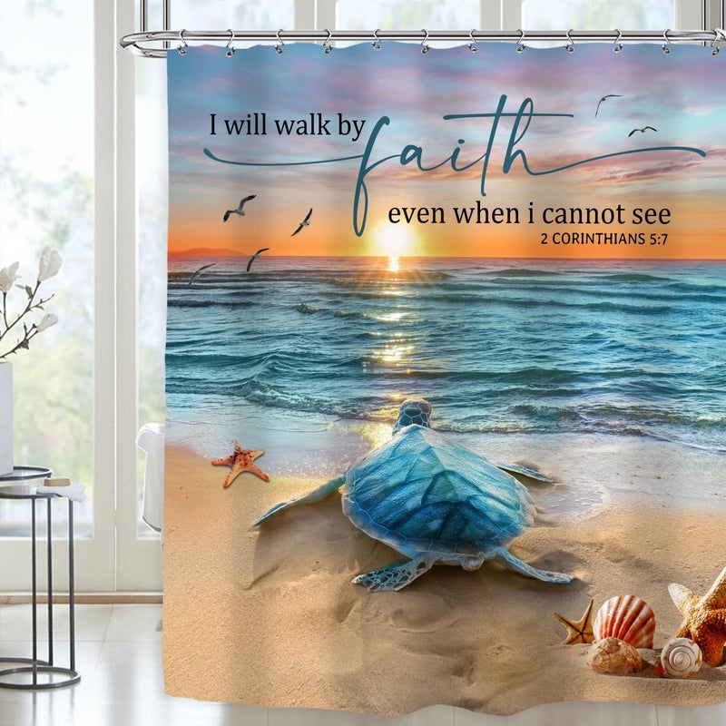 Riyidecor Beach Sea Turtle Shower Curtain 72Wx72H Inch Ocean Bible Verse Animal Summer Coastal Seaside Scenic Christian Quotes Landscape Bathroom Decor Fabric Polyester Waterproof 12 Pack Hooks - Image 1