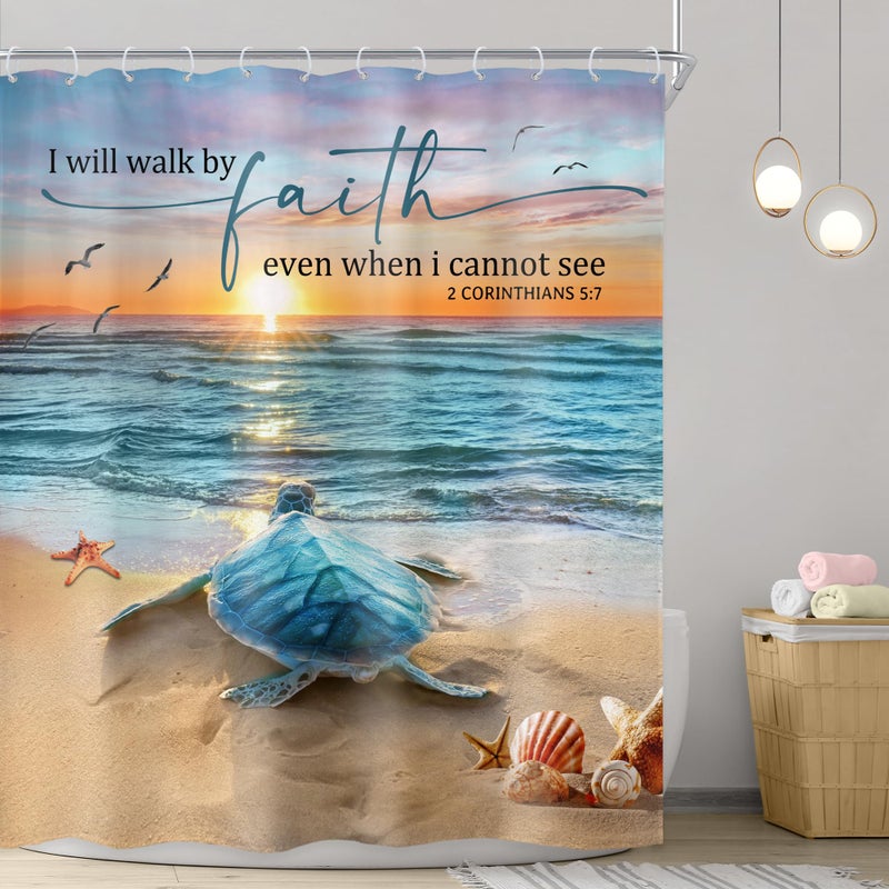 Riyidecor Beach Sea Turtle Shower Curtain 72Wx72H Inch Ocean Bible Verse Animal Summer Coastal Seaside Scenic Christian Quotes Landscape Bathroom Decor Fabric Polyester Waterproof 12 Pack Hooks - Image 2