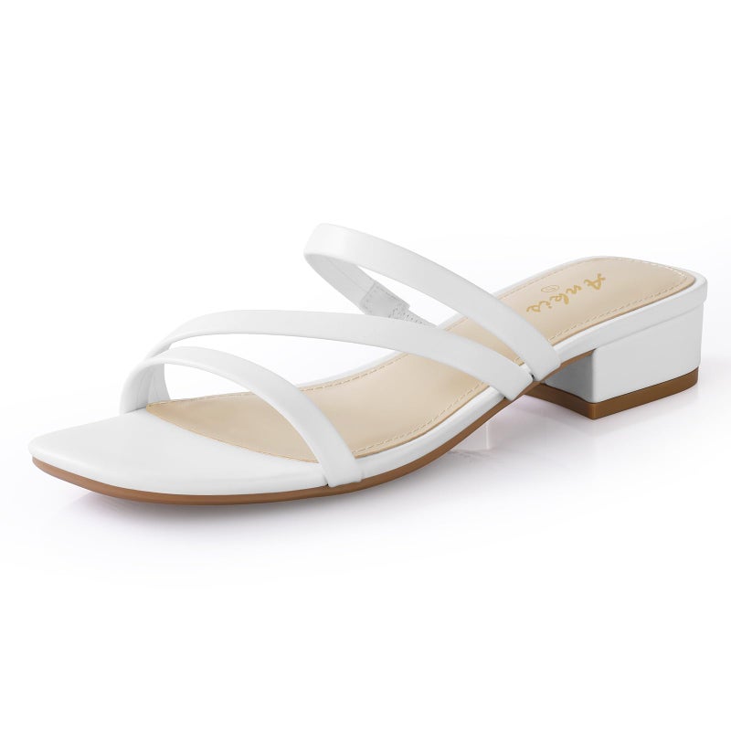 Ankis Women White Heels-Sandals for Women 2025 Strappy Square Open Toe Low 1 Inch Chunky Block Slip on Heeled Sandal Mule - Image 1