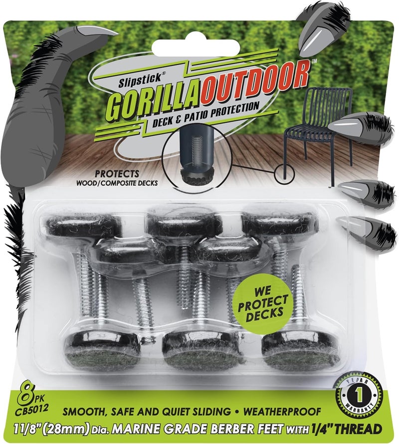Slipstick Gorilla Outdoor Adjustable Furniture Levelers (8 Pack) Weatherproof Screw in Leg Glides for Chairs, Tables, and Outdoor Furniture Feet (Berber Glide, ¼”-20 BSW Thread) - Image 1