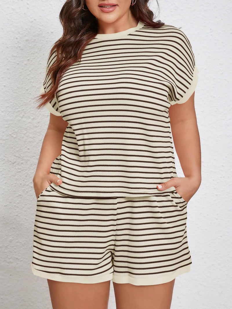 Beautife Womens Plus Size Lounge Set 2 Piece Outfits Stripe Short Sleeve Shirts Tops Shorts Summer Casual Loungewear Apricot - Image 3