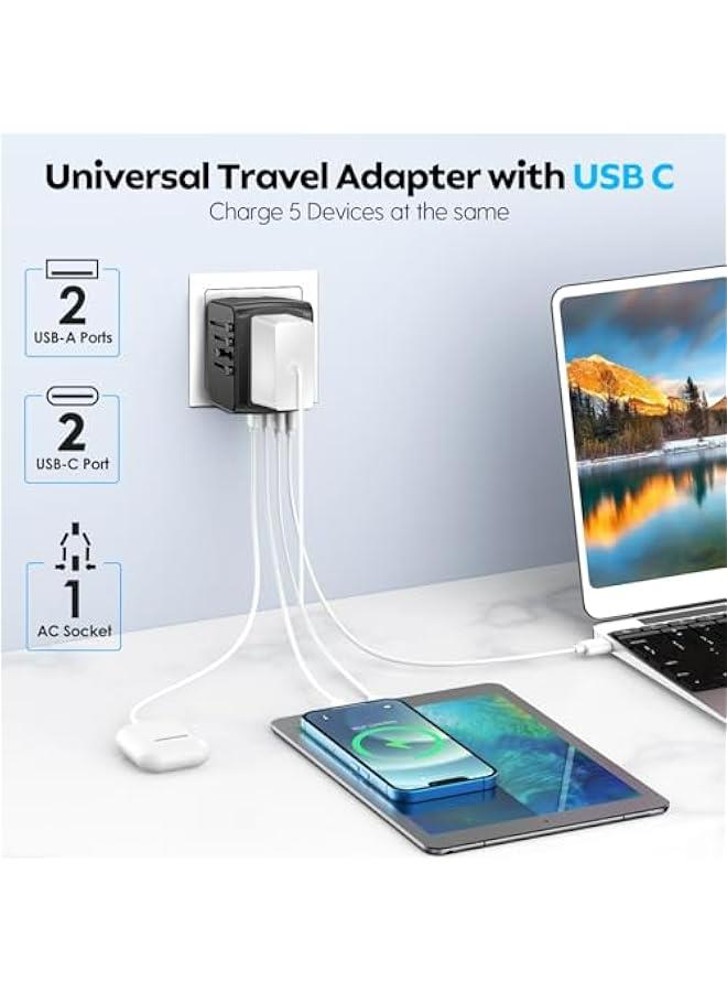 جيه ام فون محول قابس سفر عالمي 5 في 1، محول قابس سفر اوروبي 2×USB-A و2×USB C شاحن حائط مع منفذ تيار متردد عالمي، محول طاقة دولي لاوروبا والولايات المتحدة الامريكية والمملكة المتحدة واستراليا واسيا  - Image 2