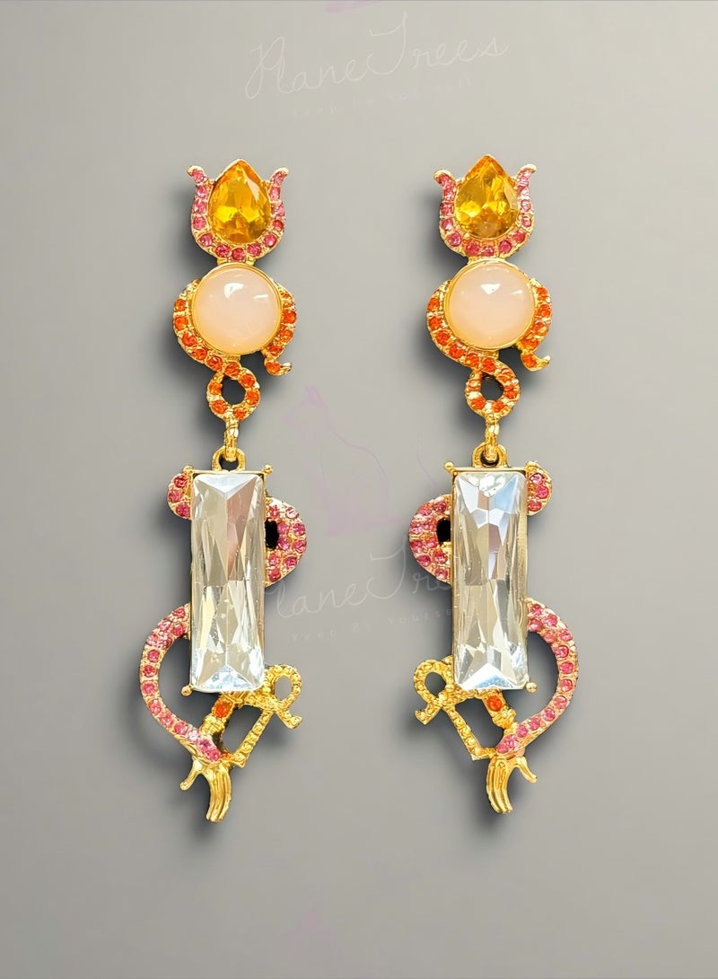 PLANE TREES Royal Dangle Earrings – Gold Drop Design with Yellow Citrine, Pink Crystal, and Long Clear Gem – Luxury Statement Jewelry for Wedding, Eid, Gala Look - Image 1