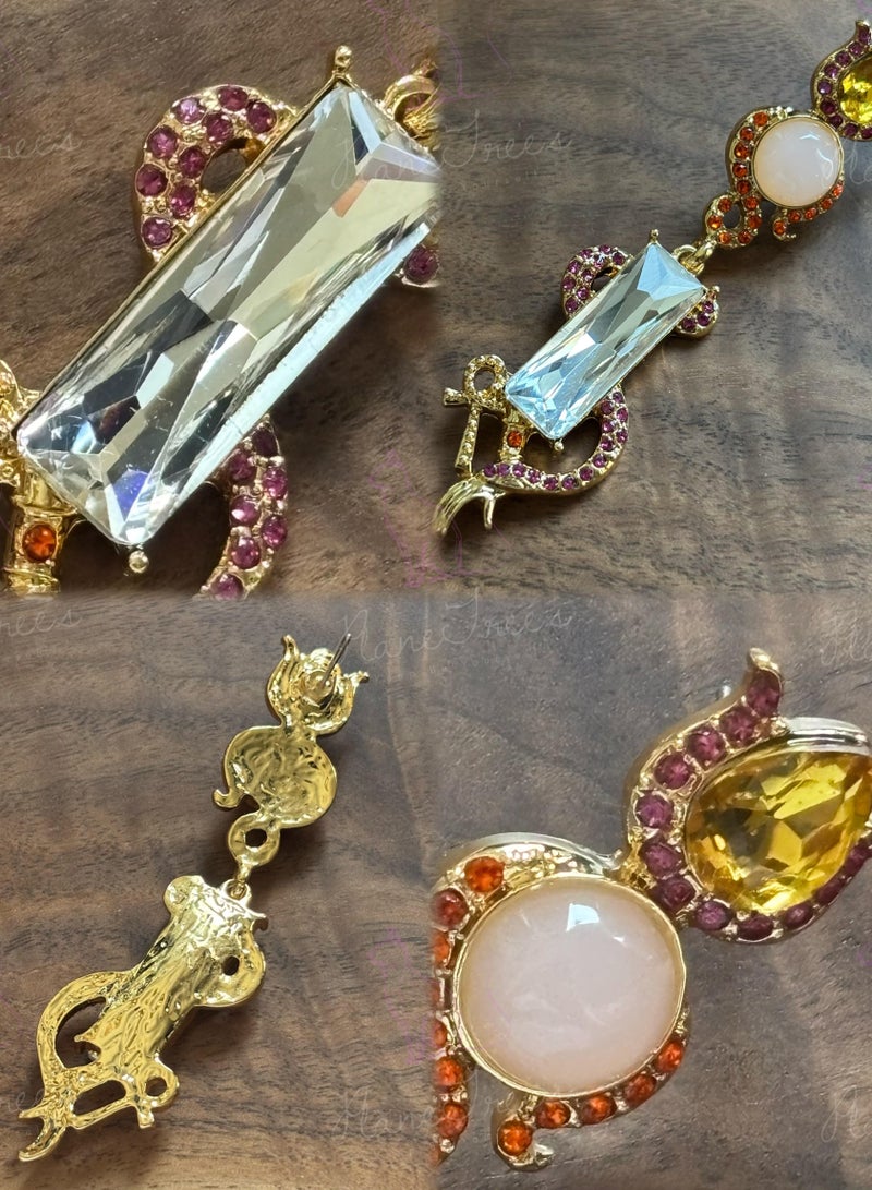 PLANE TREES Royal Dangle Earrings – Gold Drop Design with Yellow Citrine, Pink Crystal, and Long Clear Gem – Luxury Statement Jewelry for Wedding, Eid, Gala Look - Image 2