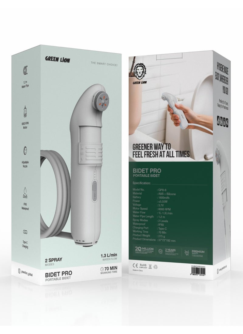 GREEN LION - Portable Bidet Pro 6000 RPM with 2 Spray Modes & 70 Minutes Working Time / Adjustable Nozzle / 1.3 L/min Water Flow / Type-C Charging / IPX6 Waterproof - White - Image 1