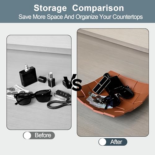 MSJGA Valet Tray PU Leather Key Holder Bowl for Men and Women Entryway Table Nightstand Catchall Storage Organizer EDC Dump Tray for Wallet, Keys, Coins Men's Gift - Brown, 9.8" L x 9.8" W x 2" H - Image 4