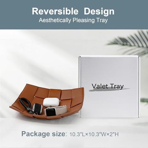 MSJGA Valet Tray PU Leather Key Holder Bowl for Men and Women Entryway Table Nightstand Catchall Storage Organizer EDC Dump Tray for Wallet, Keys, Coins Men's Gift - Brown, 9.8" L x 9.8" W x 2" H - Image 3