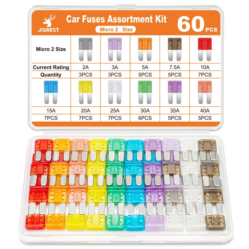 JOREST 60Pcs Micro Assorement Fuses Kit Micro2 Fuse kit Micro 2 Automotive Replacement Fuses for Car RV Truck Motorcycle2Amp 3A 5A 75A 10A 15A 20A 25A 30A 35A 40A - Image 2