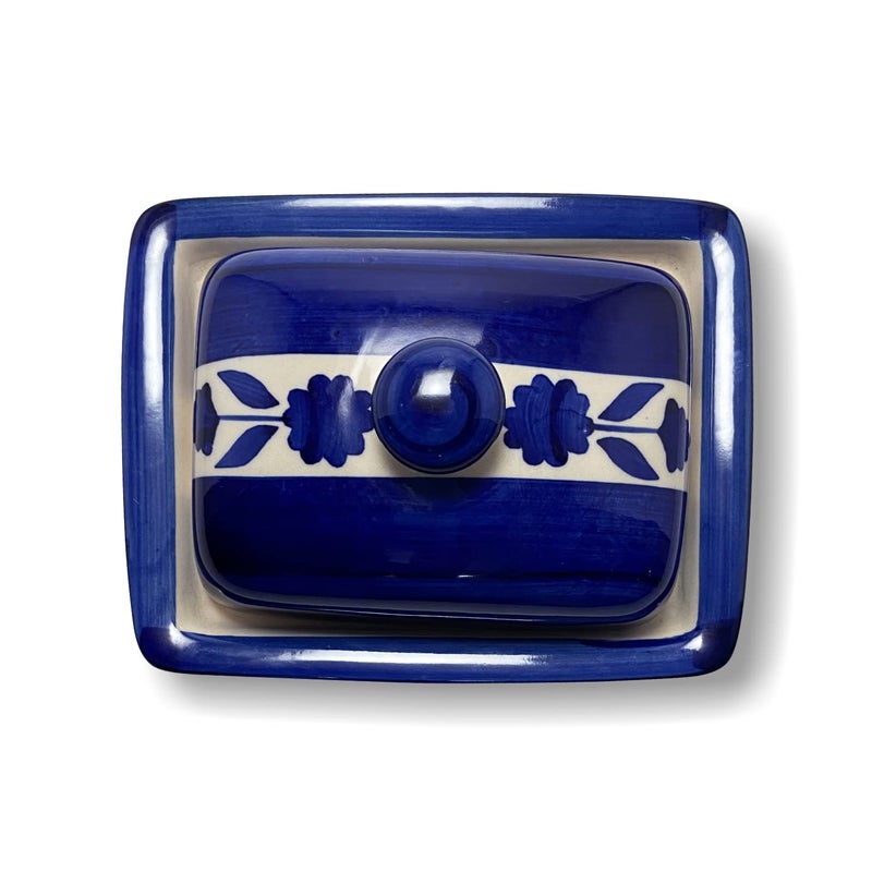CERAMIC DINING Ceramic Dining Royal Blue Floral Print Ceramic Butter Dish with Lid 8 Inches Butter Serving Set  - Image 4