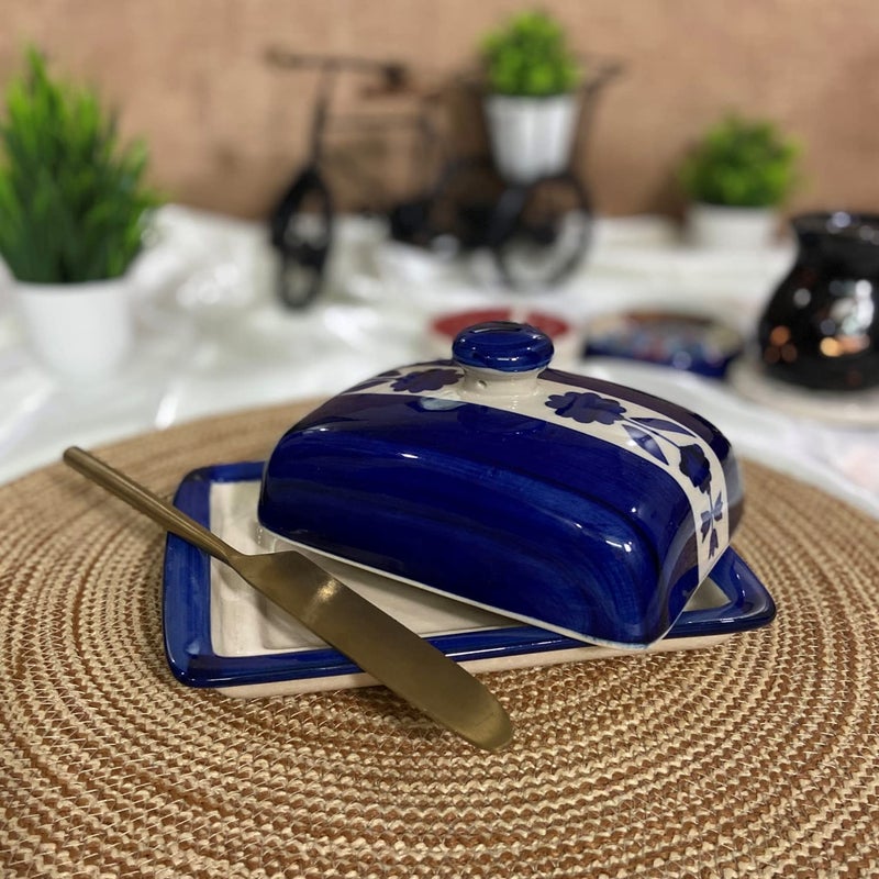 CERAMIC DINING Ceramic Dining Royal Blue Floral Print Ceramic Butter Dish with Lid 8 Inches Butter Serving Set  - Image 1