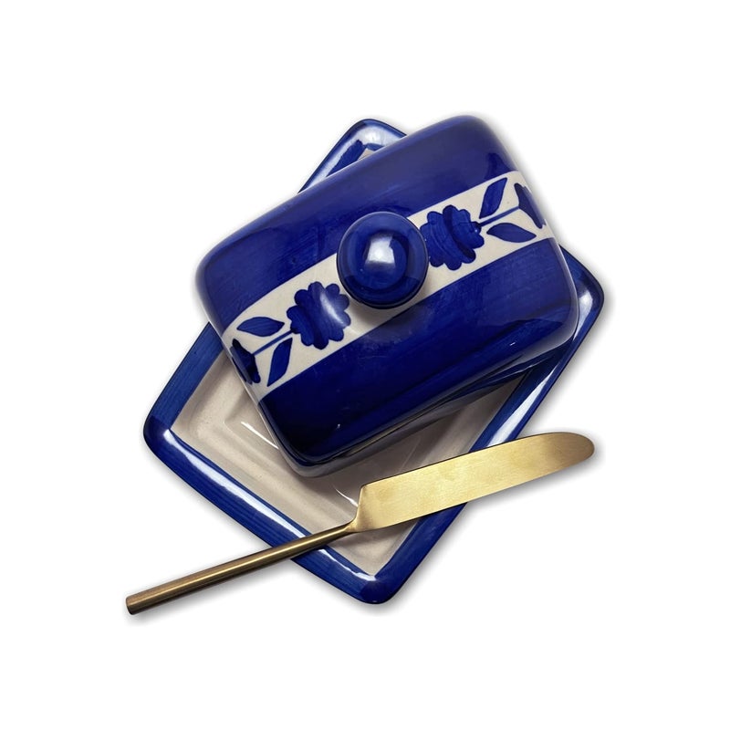 CERAMIC DINING Ceramic Dining Royal Blue Floral Print Ceramic Butter Dish with Lid 8 Inches Butter Serving Set  - Image 3