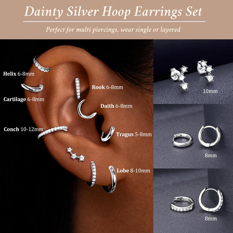 Poxtex Small Sterling Silver Huggie Hoop Earrings Set for Women, Hypoallergenic Trendy Hoops for Multiple Piercings, Dainty Cute Mini Lightweight Cartilage Climber Jewelry Gift for Sensitive Ears - Image 4