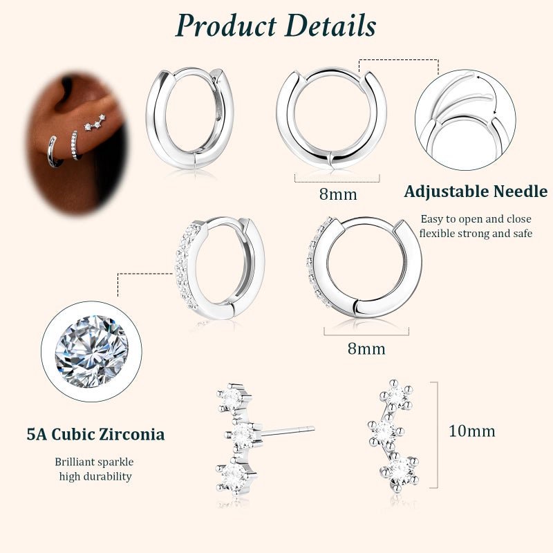 Poxtex Small Sterling Silver Huggie Hoop Earrings Set for Women, Hypoallergenic Trendy Hoops for Multiple Piercings, Dainty Cute Mini Lightweight Cartilage Climber Jewelry Gift for Sensitive Ears - Image 5
