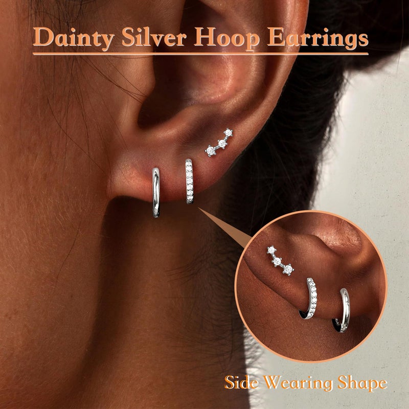 Poxtex Small Sterling Silver Huggie Hoop Earrings Set for Women, Hypoallergenic Trendy Hoops for Multiple Piercings, Dainty Cute Mini Lightweight Cartilage Climber Jewelry Gift for Sensitive Ears - Image 2