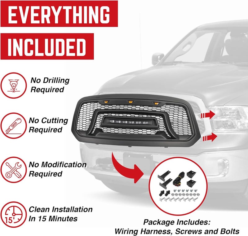 AM AMERICAN MODIFIED Front Grille for 2013-2018 Dodge Ram 1500 with Off-Road Lights, Matte Black - Image 4
