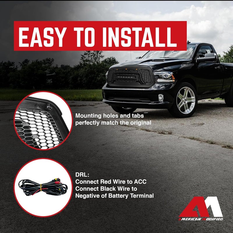 AM AMERICAN MODIFIED Front Grille for 2013-2018 Dodge Ram 1500 with Off-Road Lights, Matte Black - Image 5