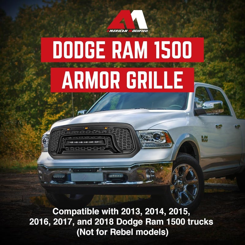 AM AMERICAN MODIFIED Front Grille for 2013-2018 Dodge Ram 1500 with Off-Road Lights, Matte Black - Image 2