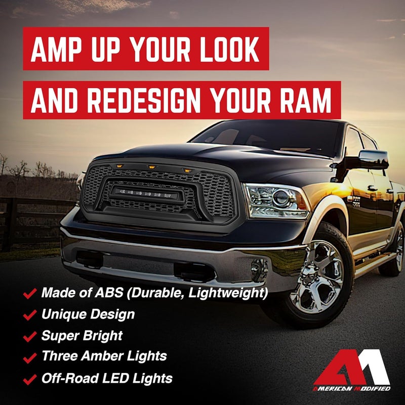 AM AMERICAN MODIFIED Front Grille for 2013-2018 Dodge Ram 1500 with Off-Road Lights, Matte Black - Image 3