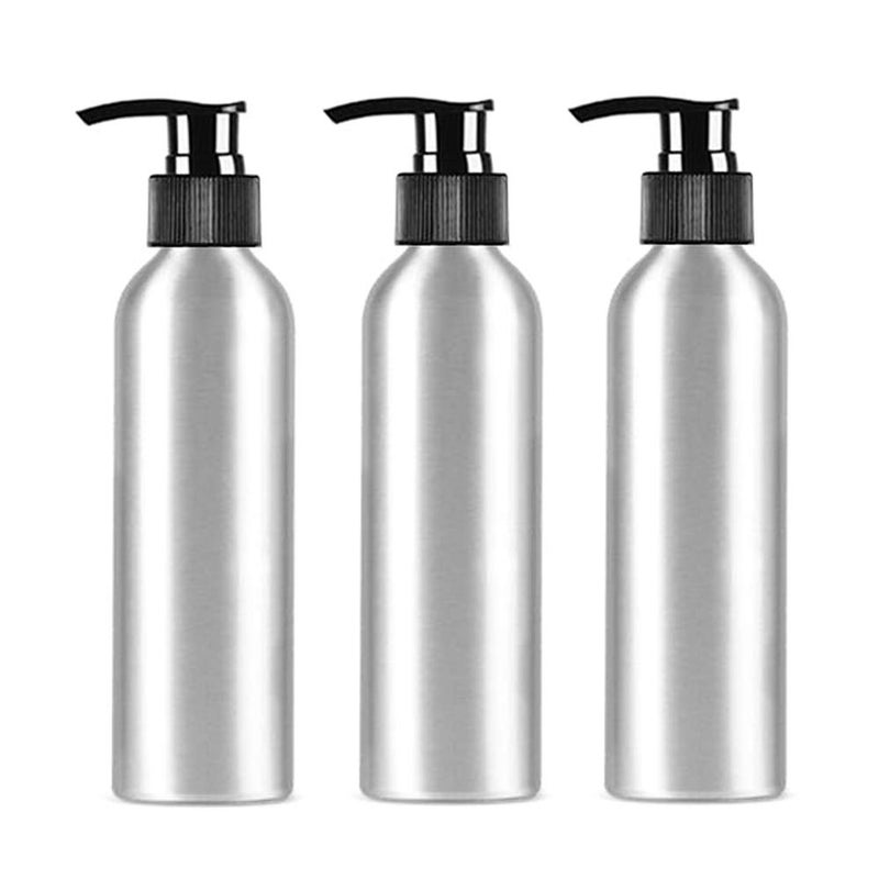 3Pcs Silver Aluminum Lotion Pump Bottles with Black PP Duckbilled Pump Head Empty Cosmetic Storage Jar Pot Makeup Dispening Container for Emulsion Lotion Shampoo Bath Shower (250ml/8.5oz)