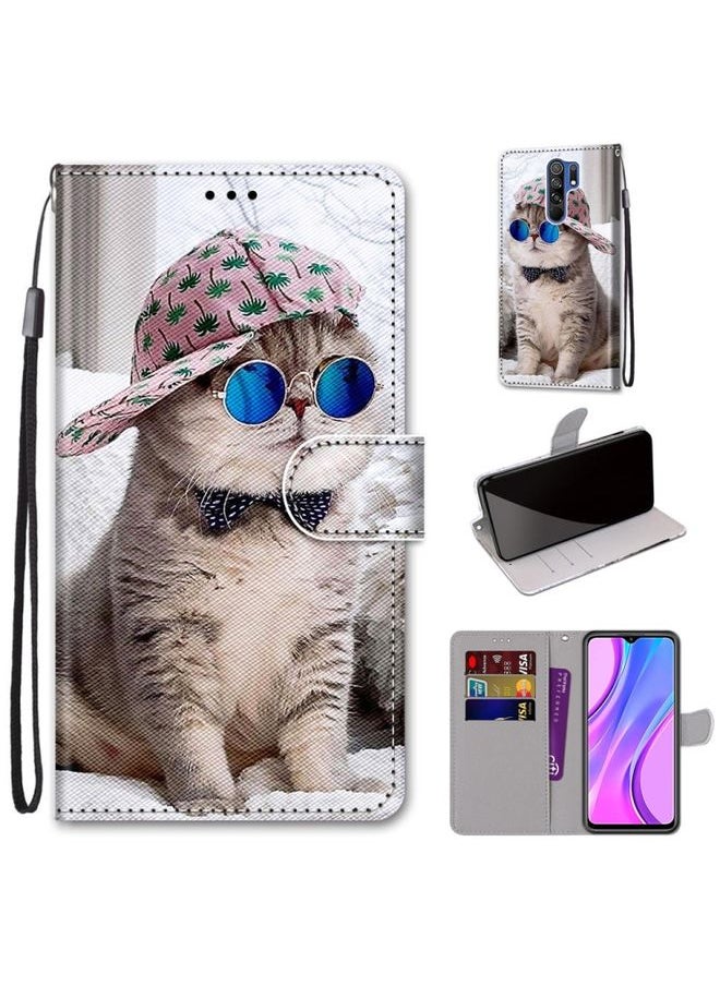 HuHa Case Cover For Xiaomi Redmi 9 Coloured Drawing Cross Texture Horizontal Flip PU Leather Case with Holder & Card Slots & Wallet & Lanyard Slant Hat Blue Mirror Cat 