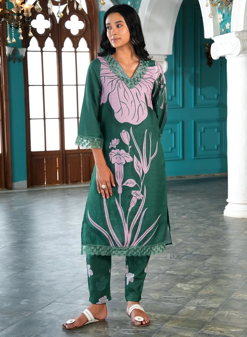  قصة طقم كورتا نسائي باللون الأخضر الاستوائي وزهور التوليب المتباينة