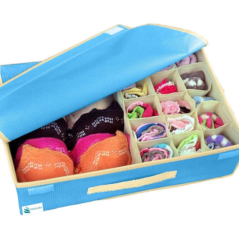 UNICRAFTS UNICRAFTS Lingerie Organizer 151 Multi Compartment Cell Foldable Lingerie Storage Box With Lid NonWoven Drawer Dividers for Bra Panty Scarfs Tie Underwear etc Pack of 1 Pc Blue  - Image 1