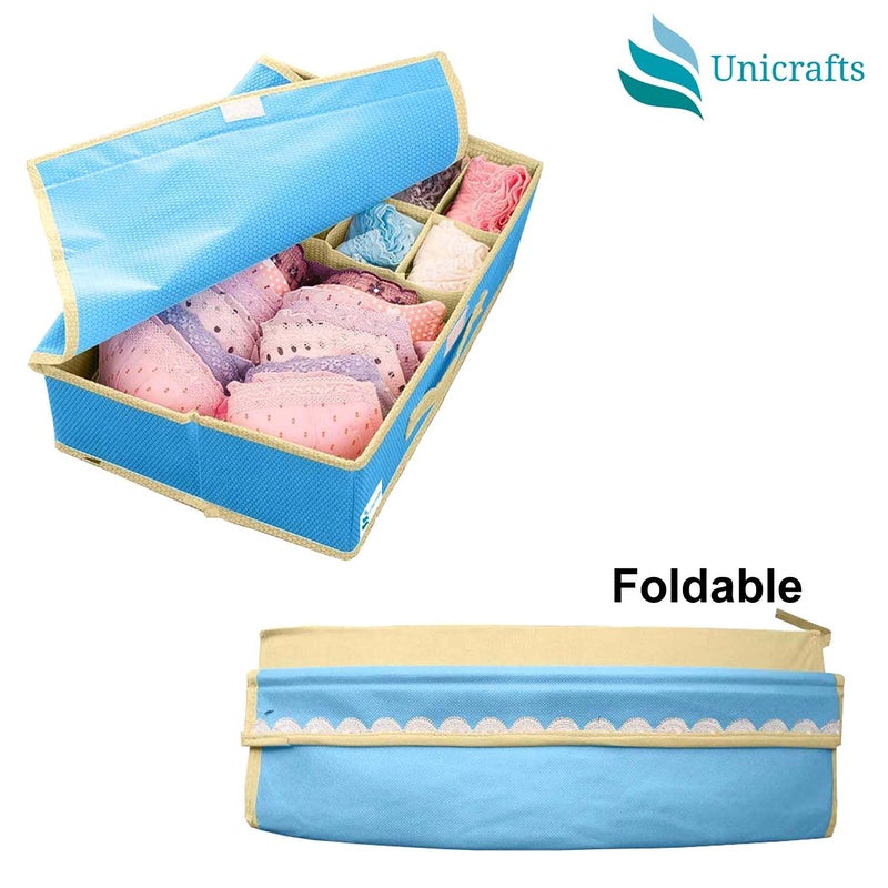 UNICRAFTS UNICRAFTS Lingerie Organizer 151 Multi Compartment Cell Foldable Lingerie Storage Box With Lid NonWoven Drawer Dividers for Bra Panty Scarfs Tie Underwear etc Pack of 1 Pc Blue  - Image 3