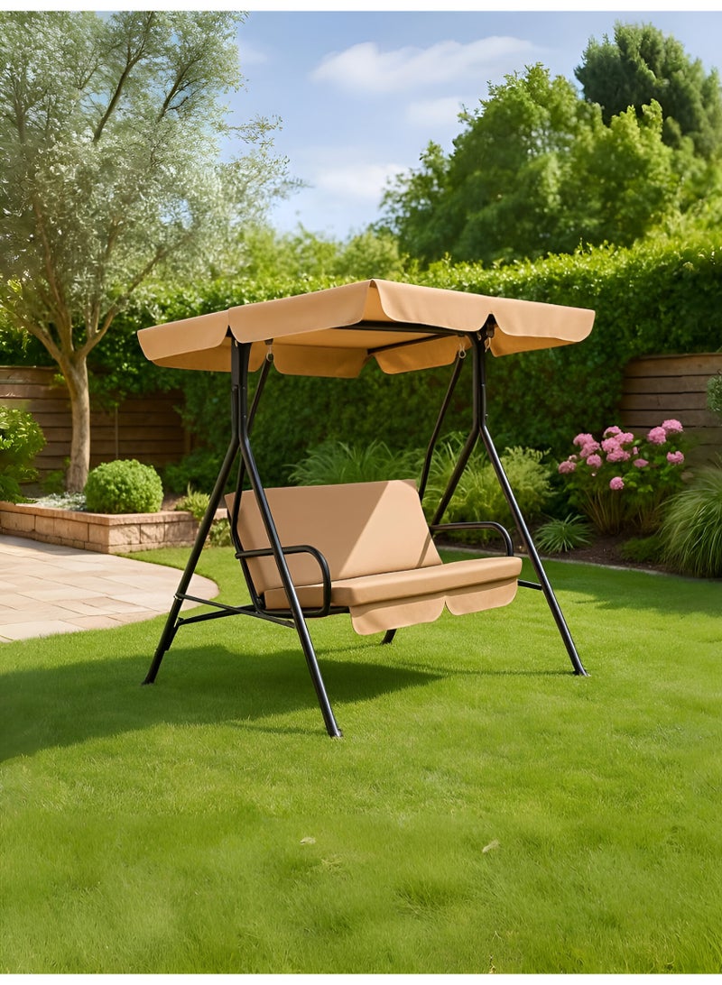 UNIKSAR Outdoor garden swing for two people with adjustable beige canopy and cushions - rust-resistant black metal frame - Image 2