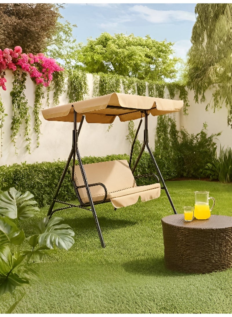 UNIKSAR Outdoor garden swing for two people with adjustable beige canopy and cushions - rust-resistant black metal frame - Image 1