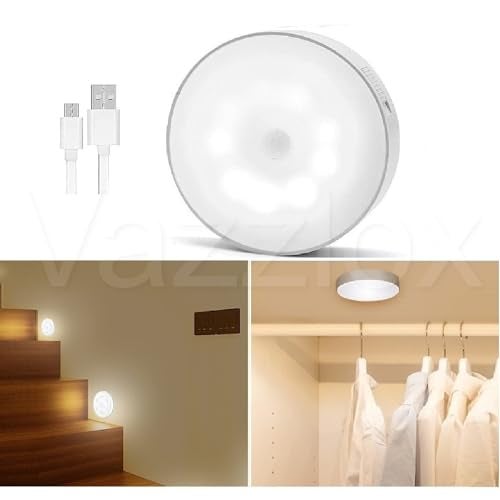 VazzLox Motion Sensor Light for Home (Pack of 1) with USB Charging Wireless Self Adhesive LED Body Induction Lamp Sensor Light for Wardrobe Lights with Sensor Night Light for Cupboard Stairs (Warm) - Image 1