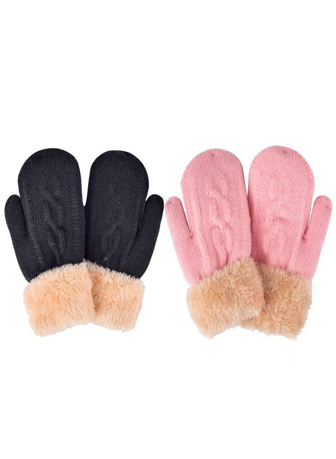 FENELY Winter Mittens Knit Gloves for Baby Kids Girls Toddler Warm Thermal Cable Knitted Gloves 2-6 Years Black Pink Wool Fleece Lined Mittens for Cold Weather - Image 1