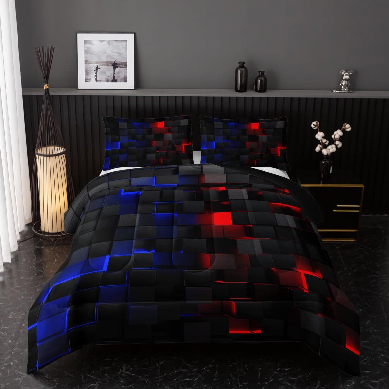 Nttopship Neon Red and Blue Comforter Set Twin Geometric Kids Bedding Set,3 PCS Geometry Honeycomb Bed Set Modern Quilt Set 1 Comforter 2 Pillow Cases Cool Room Decor All Season B-Side Black - Image 1
