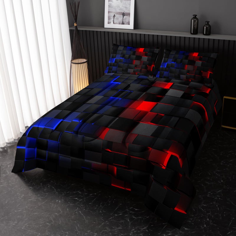 Nttopship Neon Red and Blue Comforter Set Twin Geometric Kids Bedding Set,3 PCS Geometry Honeycomb Bed Set Modern Quilt Set 1 Comforter 2 Pillow Cases Cool Room Decor All Season B-Side Black - Image 2