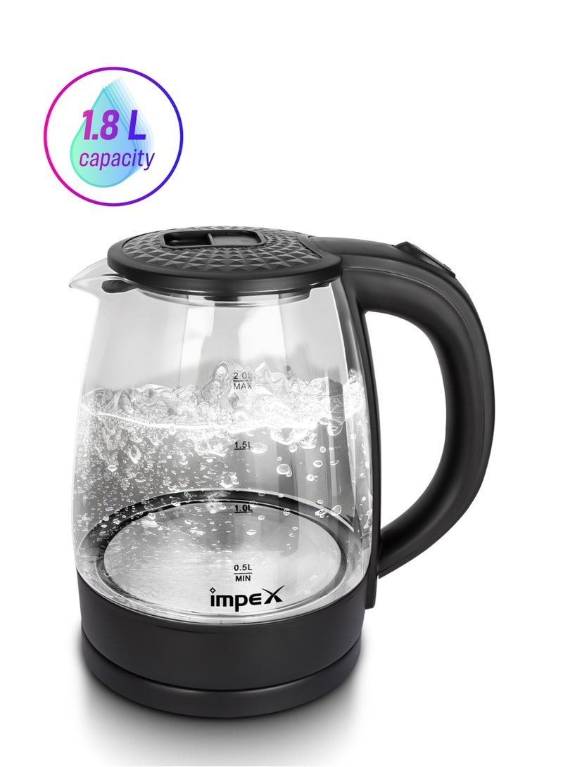 Impex Electric Glass Kettle, High Boron Glass, 360° Turnable Base, Hot Water Kettle Teapot Boiler And Heater, Triple Thermostat, Heat Resistant Handle, Power Indicator 1.8 L 1500 W STEAMER 1805 Black - Image 1