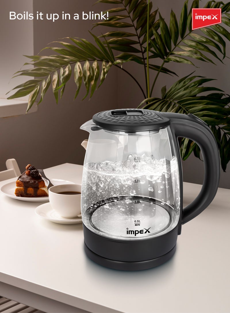 Impex Electric Glass Kettle, High Boron Glass, 360° Turnable Base, Hot Water Kettle Teapot Boiler And Heater, Triple Thermostat, Heat Resistant Handle, Power Indicator 1.8 L 1500 W STEAMER 1805 Black - Image 3