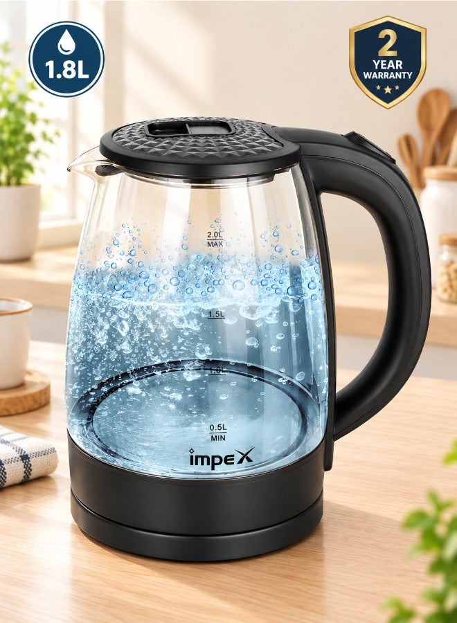 Impex Electric Glass Kettle, High Boron Glass, 360° Turnable Base, Hot Water Kettle Teapot Boiler And Heater, Triple Thermostat, Heat Resistant Handle, Power Indicator 1.8 L 1500 W STEAMER 1805 Black - Image 1